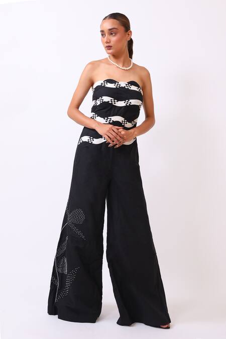 Shop_BAANI KHURANA_Black Cotton, Linen Embroidery Off-shoulder Designer And White Jumpsuit _Online_at_Aza_Fashions