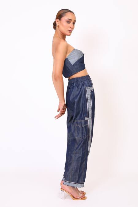 BAANI KHURANA_Navy Denim Crew Neck Blue Crop Top And Pant Set _Online_at_Aza_Fashions