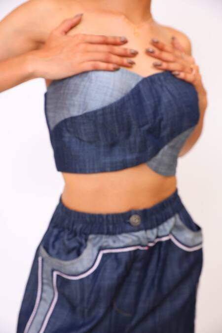 Shop_BAANI KHURANA_Navy Denim Crew Neck Blue Crop Top And Pant Set _Online_at_Aza_Fashions