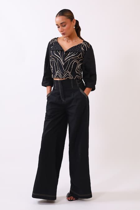 Buy_BAANI KHURANA_Black Cotton, Linen Embroidery Round Neck Designer Top And Trouser Set _Online_at_Aza_Fashions