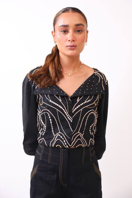 Shop_BAANI KHURANA_Black Cotton, Linen Embroidery Round Neck Designer Top And Trouser Set _Online_at_Aza_Fashions