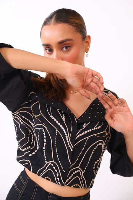 Buy_BAANI KHURANA_Black Cotton, Linen Embroidery Round Neck Designer Top And Trouser Set 