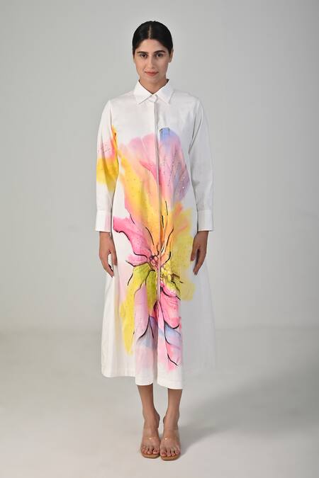 BAANI KHURANA_Pink Poplin Collared Multi Floral Printed Dress _Online_at_Aza_Fashions