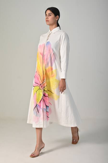 BAANI KHURANA_Pink Poplin Collared Multi Floral Printed Dress _at_Aza_Fashions