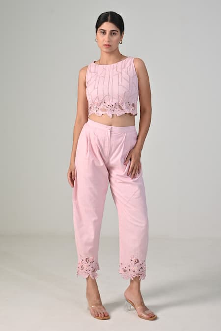 Baani Khurana Pink Cotton, Linen Embroidery Round Neck Designer Crop Top And Pant Set 