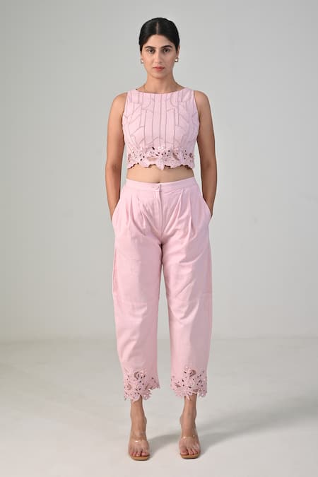 BAANI KHURANA_Pink Cotton, Linen Embroidery Round Neck Designer Crop Top And Pant Set _Online_at_Aza_Fashions