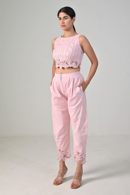 Buy_BAANI KHURANA_Pink Cotton, Linen Embroidery Round Neck Designer Crop Top And Pant Set _Online_at_Aza_Fashions