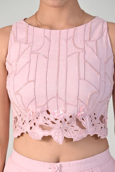 BAANI KHURANA_Pink Cotton, Linen Embroidery Round Neck Designer Crop Top And Pant Set _at_Aza_Fashions