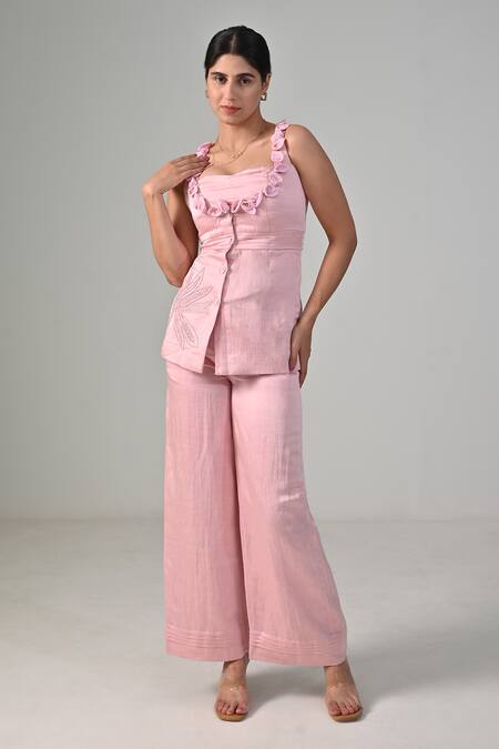 Buy_BAANI KHURANA_Pink Satin, Linen Ruffles Round Neck Top And Pant Set _Online_at_Aza_Fashions