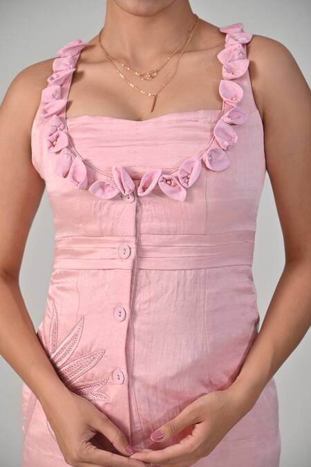 Shop_BAANI KHURANA_Pink Satin, Linen Ruffles Round Neck Top And Pant Set _Online_at_Aza_Fashions