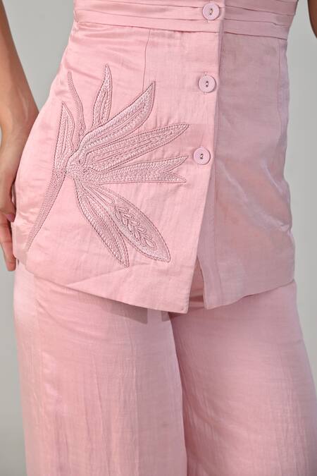 BAANI KHURANA_Pink Satin, Linen Ruffles Round Neck Top And Pant Set _at_Aza_Fashions
