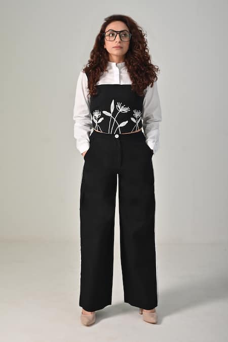 Baani Khurana Black Cotton, Linen, Poplin Embroidery Square Neck Designer Top And Pant Set 