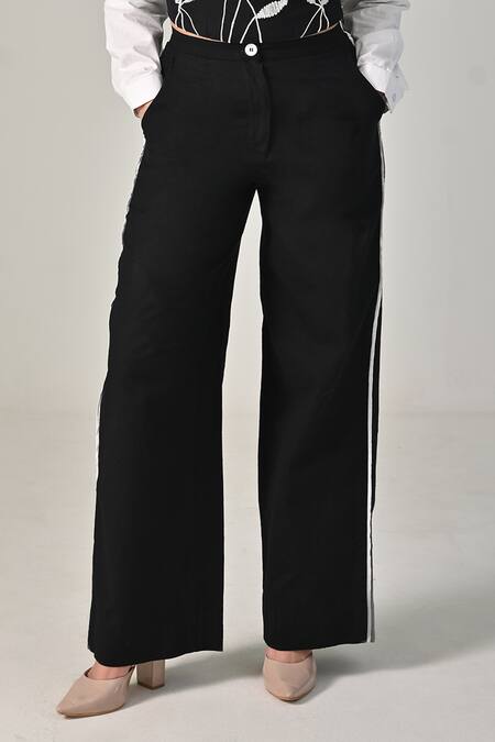 Buy_BAANI KHURANA_Black Cotton, Linen, Poplin Embroidery Square Neck Designer Top And Pant Set _Online_at_Aza_Fashions