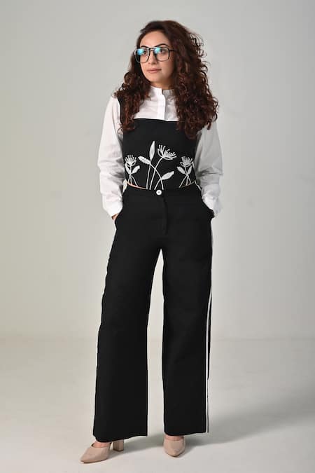 BAANI KHURANA_Black Cotton, Linen, Poplin Embroidery Square Neck Designer Top And Pant Set _at_Aza_Fashions
