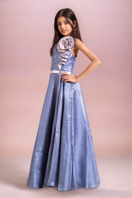 Petite Pomme_Purple Satin Designer Gown With Flower Detail _Online_at_Aza_Fashions