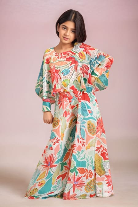Petite Pomme Cream Multi Color Designer Top And Palazzo Set 