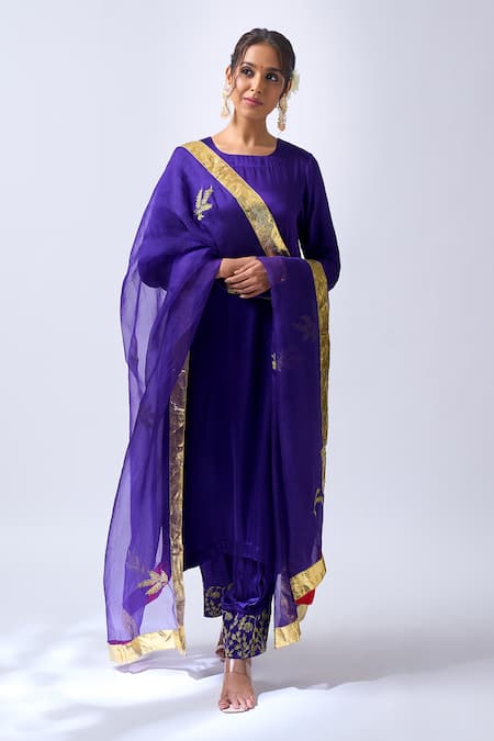 House Of Pink Purple Modal, Silk, Organza Embroidery, Zari Vibrant Kurta Salwar Dupatta Set
