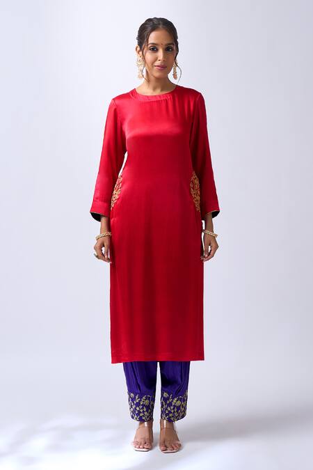 Shop_House Of Pink_Red Modal, Silk, Organza Zari, Embroidery Round Neck Rosy Kurta Set _Online_at_Aza_Fashions