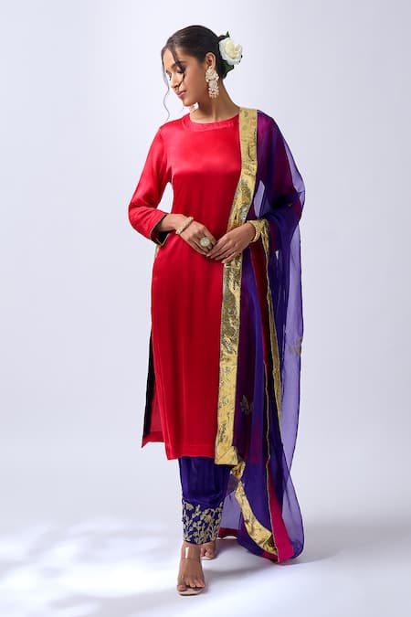 House Of Pink Red Modal, Silk, Organza Zari, Embroidery Round Neck Rosy Kurta Set 