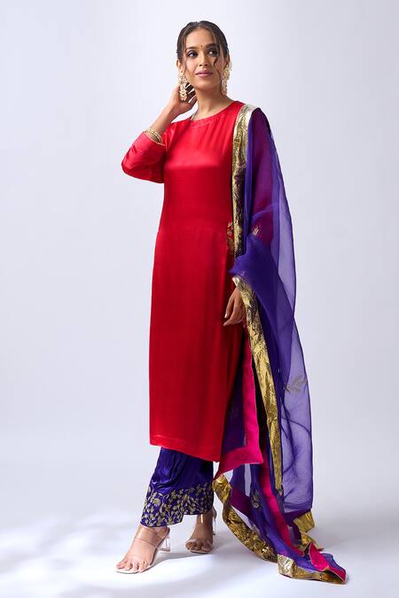 House Of Pink_Red Modal, Silk, Organza Zari, Embroidery Round Neck Rosy Kurta Set _at_Aza_Fashions