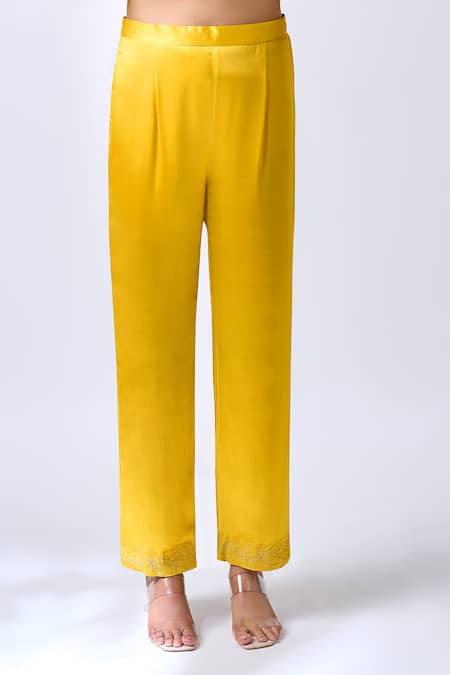 House Of Pink_Yellow Modal, Silk, Organza Zari, Embroidery Mango Kaftan Pant Dupatta Set _Online_at_Aza_Fashions