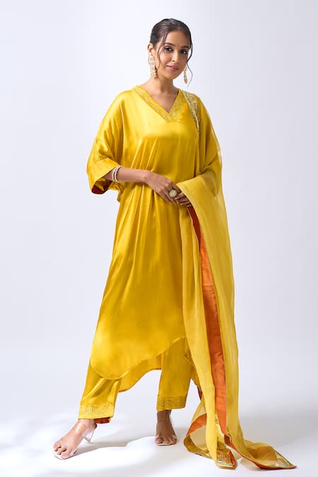 Buy_House Of Pink_Yellow Modal, Silk, Organza Zari, Embroidery Mango Kaftan Pant Dupatta Set _Online_at_Aza_Fashions