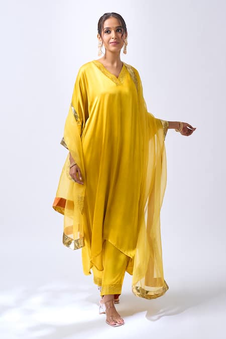 Shop_House Of Pink_Yellow Modal, Silk, Organza Zari, Embroidery Mango Kaftan Pant Dupatta Set _Online_at_Aza_Fashions