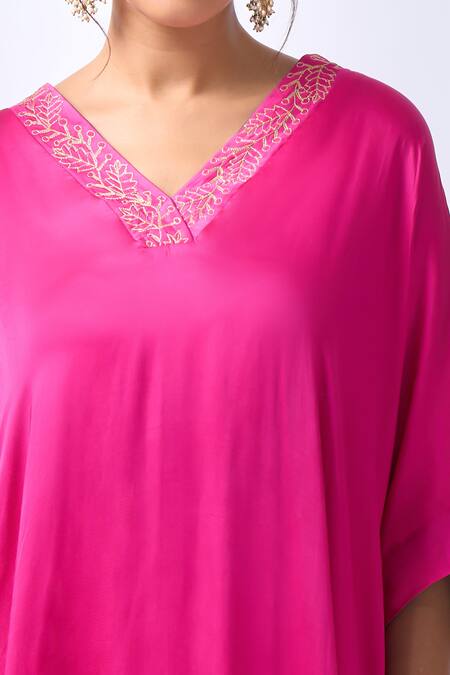 House Of Pink_Pink Modal, Organza Zari, Embroidery V-neck Rani Kaftan Pant Dupatta Set _at_Aza_Fashions