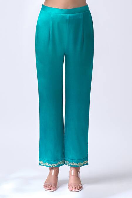 House Of Pink_Teal Modal, Silk, Organza Zari V-neck Embroidered Anarkali Set _Online_at_Aza_Fashions