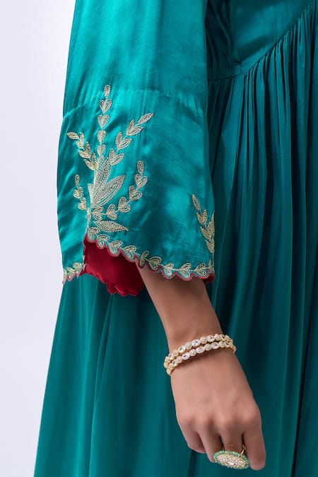 Buy_House Of Pink_Teal Modal, Silk, Organza Zari V-neck Embroidered Anarkali Set _Online_at_Aza_Fashions