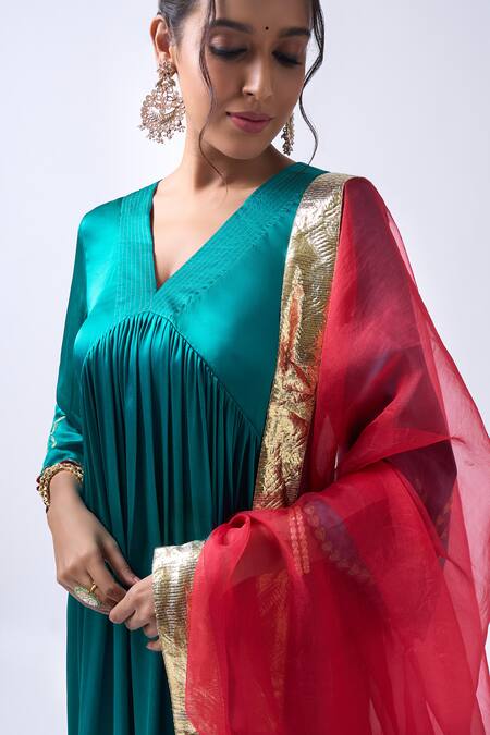 Shop_House Of Pink_Teal Modal, Silk, Organza Zari V-neck Embroidered Anarkali Set _Online_at_Aza_Fashions