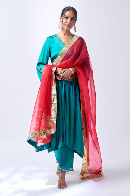 House Of Pink Teal Modal, Silk, Organza Zari V-neck Embroidered Anarkali Set