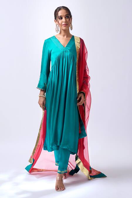 House Of Pink_Teal Modal, Silk, Organza Zari V-neck Embroidered Anarkali Set _at_Aza_Fashions
