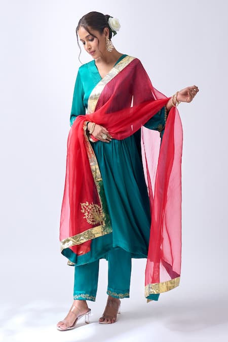 Buy_House Of Pink_Teal Modal, Silk, Organza Zari V-neck Embroidered Anarkali Set 