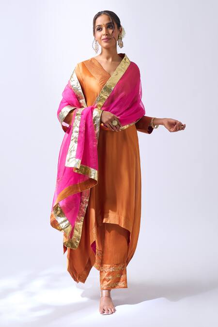 House Of Pink_Rust Modal, Silk, Organza Zari V-neck Asymmetrical Kurta Set With Dupatta _Online_at_Aza_Fashions