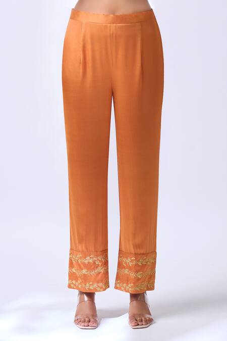 Shop_House Of Pink_Rust Modal, Silk, Organza Zari V-neck Asymmetrical Kurta Set With Dupatta _Online_at_Aza_Fashions