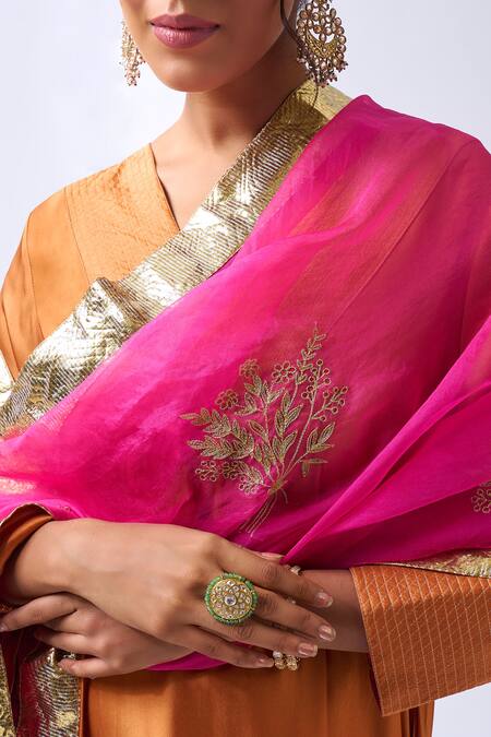 House Of Pink_Rust Modal, Silk, Organza Zari V-neck Asymmetrical Kurta Set With Dupatta _at_Aza_Fashions