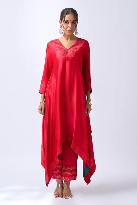 House Of Pink_Red Modal, Silk, Organza Zari V-neck Asymmetrical Kurta Set With Dupatta _Online_at_Aza_Fashions