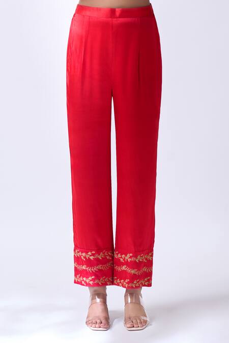 House Of Pink_Red Modal, Silk, Organza Zari V-neck Asymmetrical Kurta Set With Dupatta _at_Aza_Fashions