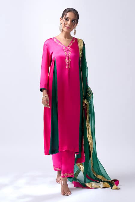 House Of Pink Pink Modal, Silk, Organza Embroidery, Zari V-neck Rani Kurta Set