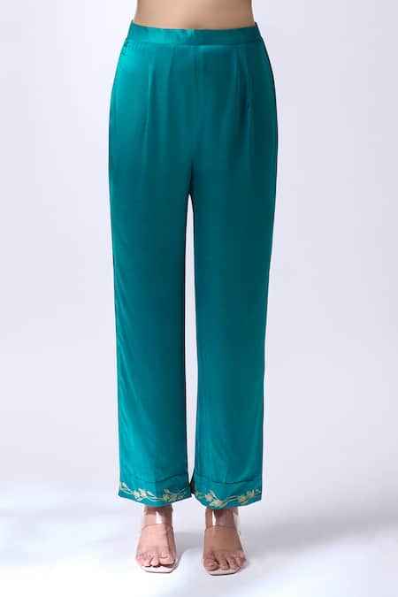 Buy_House Of Pink_Teal Modal, Silk, Organza Embroidery, Zari V-neck Deep Kurta Set _Online_at_Aza_Fashions