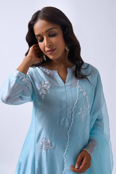 House Of Pink_Blue Chanderi, Organza Embroidery, Pearls Collared Powder Kurta Set _Online_at_Aza_Fashions