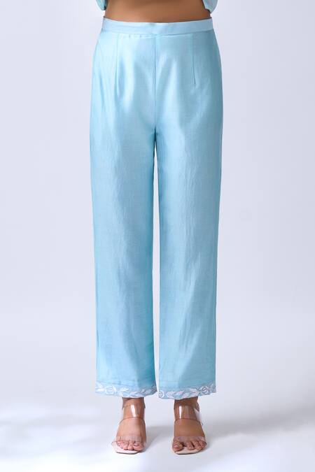 Shop_House Of Pink_Blue Chanderi, Organza Embroidery, Pearls Collared Powder Kurta Set _Online_at_Aza_Fashions