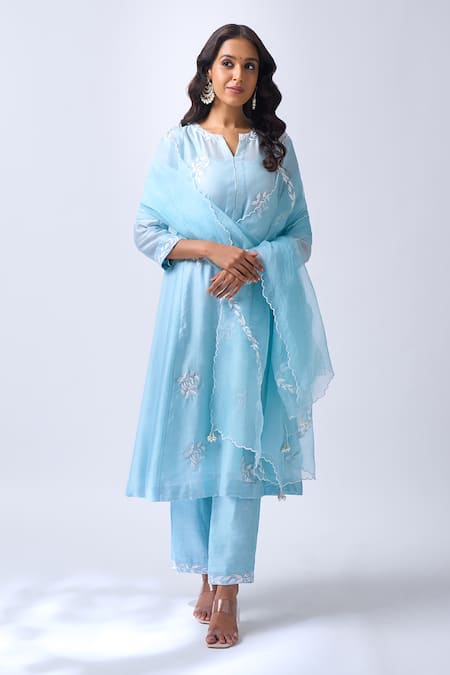House Of Pink Blue Chanderi, Organza Embroidery, Pearls Collared Powder Kurta Set 