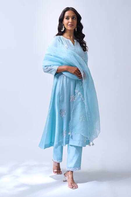 House Of Pink_Blue Chanderi, Organza Embroidery, Pearls Collared Powder Kurta Set _at_Aza_Fashions