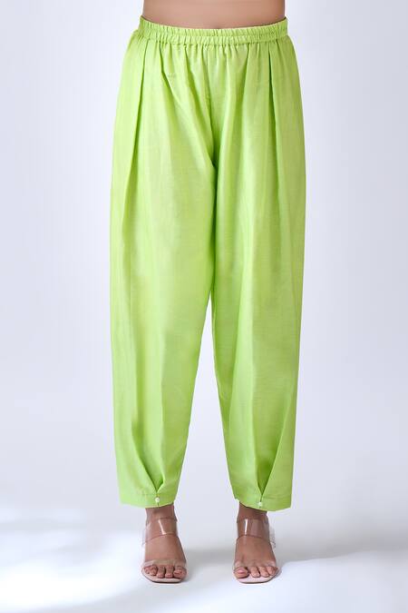 House Of Pink_Green Chanderi, Organza Embroidery, Pearls Round Pastel Kurta Tulip Pant Set _Online_at_Aza_Fashions