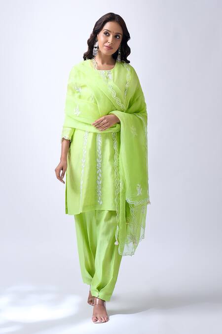 Buy_House Of Pink_Green Chanderi, Organza Embroidery, Pearls Round Pastel Kurta Tulip Pant Set _Online_at_Aza_Fashions