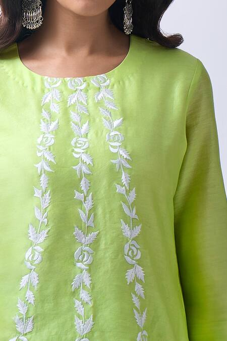 Shop_House Of Pink_Green Chanderi, Organza Embroidery, Pearls Round Pastel Kurta Tulip Pant Set _Online_at_Aza_Fashions