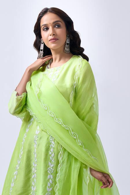 House Of Pink_Green Chanderi, Organza Embroidery, Pearls Round Pastel Kurta Tulip Pant Set _at_Aza_Fashions