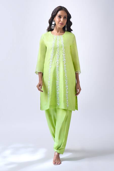 Buy_House Of Pink_Green Chanderi, Organza Embroidery, Pearls Round Pastel Kurta Tulip Pant Set 